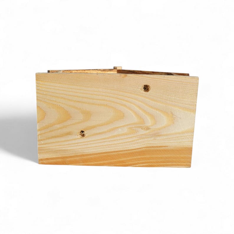 Puede incluir: Una caja rectangular de madera con un acabado de vetas naturales. La caja tiene un dise&ntilde;o simple con nudos visibles y una peque&ntilde;a abertura en la parte superior. La madera es de color marr&oacute;n claro con acentos marrones oscuros.
