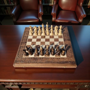 May include: A wooden chess set with intricately carved border details. The chessboard features a light and dark square pattern, with chess pieces arranged for play. The pieces are in light and dark wood tones. The set is displayed on a dark wood table.