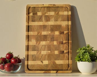 End Grain Oak Cutting Board 45×30×4 cm (18×12×1.6") — Large Butcher Block, Juice Groove, Handmade Wooden Cutting Board, Chef Gift