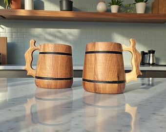 Set of 2 Walnut Wood Beer Mugs with Stainless Steel Insert 0.5L, Handmade Wooden Beer Stein, Premium Gift for Men