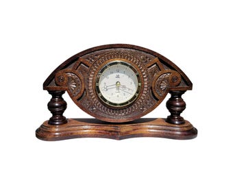 Hand Carved Walnut Mantel Clock: Rustic Wooden Table Decor