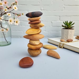 Puede incluir: Una pila de piedras de madera en tonos marrones y beige, equilibradas unas sobre otras. Una sola piedra de color marrón rojizo descansa sobre la superficie. Las piedras son lisas y de forma ovalada. El fondo incluye un jarrón con flores y una pequeña planta en maceta.