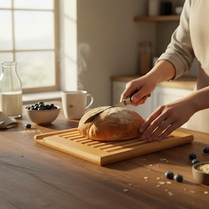 Puede incluir: Un pan redondo se corta sobre una tabla de pan de madera ranurada. Una taza de café, un cuenco de arándanos y una botella de leche están sobre la mesa de madera. El vapor se eleva del pan y el café.