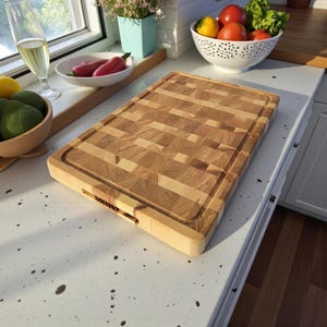 May include: A rectangular end-grain butcher block cutting board made of light-colored wood. The board has a juice groove around the perimeter and a handle cut-out. The board is approximately 18 inches long and 12 inches wide.