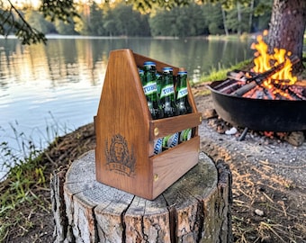 Wooden Beer Carrier for 6 Bottles, Handmade Oak Beer Caddy with Opener, Personalized Beer Holder, BBQ Gift for Men, Rustic Beer Box
