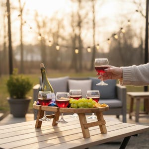 Könnte beinhalten: Ein Picknicktisch aus Holz mit eingebautem Weinglashalter, der vier Gläser Rotwein, eine Weinflasche und eine kleine Traube enthält. Eine Person hält ein Weinglas. Der Tisch ist im Freien aufgestellt.