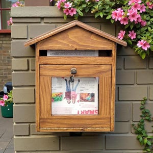 Handmade Wooden Wall Mailbox House Shape.Solid Oak Mail Box with Lock & Window.Rustic Outdoor Decor Gift