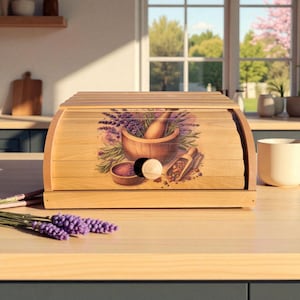 Peut inclure: Un coffre à pain en bois clair avec un couvercle roulant. La façade présente une illustration colorée d'un mortier et d'un pilon avec de la lavande et des épices. Une branche de lavande est devant le coffre.