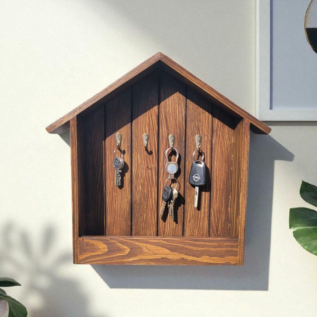 Rustic Wooden Key Holder With Shelf | Handmade Pine Wall Organizer ...