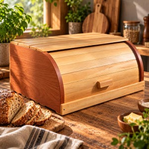 Solid Wood Bread Box with Roll Top, Handmade Beech Bread Bin, Personalized Bread Storage, Natural Wooden Kitchen Countertop Organizer
