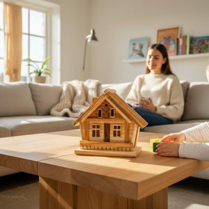 Puede incluir: Una casa de madera en miniatura con techo a dos aguas, dos ventanas y un peque&ntilde;o porche se encuentra sobre una mesa de madera. La casa est&aacute; hecha de madera de color claro y tiene un acabado natural. La escena est&aacute; ambientada en un sal&oacute;n con un sof&aacute; y una persona al fondo.