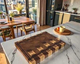 Walnut Wood End Grain Cutting Board, Large Butcher Block with Juice Groove, Personalized Wooden Board, Kitchen Gift, Serving Board