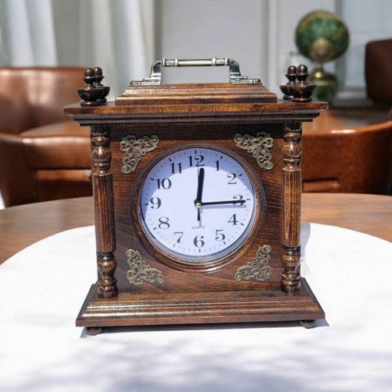 Handmade Walnut Mantel Clock. Wooden Table Clock with Carving.Rustic Home Decor.Unique Gift Idea