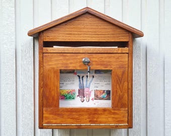 Solid Oak Mailbox with Window.Wooden Lockable Post Box.Rustic Outdoor Mailbox Handmade Oak & Beech Mailbox