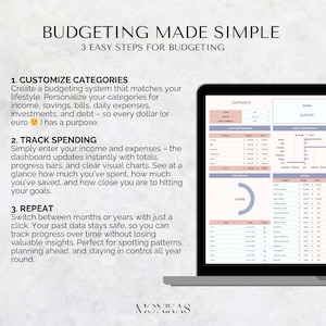以下が含まれることがあります： 「Budgeting Made Simple」というタイトルの予算編成ガイドが表示されたラップトップの画面。ガイドは、カテゴリのカスタマイズ、支出の追跡、繰り返しの3つのステップを説明しています。画面には、グラフとデータを含むサンプル予算が表示されています。