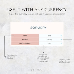 以下が含まれることがあります： 「USE IT WITH ANY CURRENCY」と「January」のテキストが表示されたデジタルインターフェース。インターフェースには、年、月、基本通貨のオプションが表示され、説明テキストを指す矢印があります。基本通貨はUSDに設定されています。