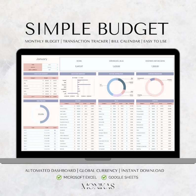以下が含まれることがあります： 財務予算テンプレートを表示するラップトップ画面。「SIMPLE BUDGET」の文字が上部にあり、月次予算、取引追跡、請求カレンダー用であることを示すテキストが追加されています。テンプレートには、収入、支出、貯蓄のグラフと表が含まれています。