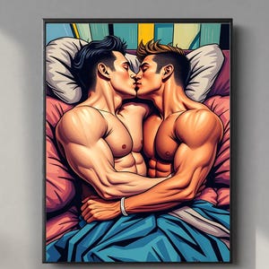 Poster colorato con coppia gay che si bacia – Stampa murale LGBTQ+ in stile fumetto