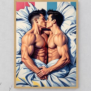 Poster di uomini gay che si baciano – Arte murale di coppia LGBTQ+ in stile fumetto soft
