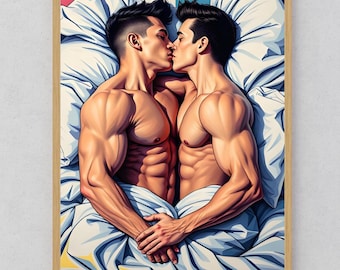 Gay Men Kissing Poster – Soft Comics Style LGBTQ+ Couple Wall Art