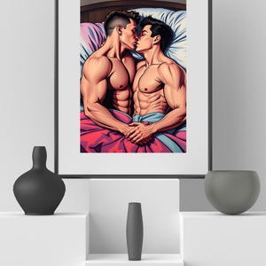 Poster di coppia gay che si bacia a letto – Stampa artistica LGBTQ+ in stile fumetto