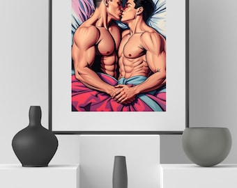 Gay Couple Kissing in Bed Poster – Comics Style LGBTQ+ Art Print