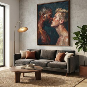 May include: An interior scene featuring a large framed painting of two men kissing, above a gray velvet sofa with decorative pillows. A round wooden coffee table sits on a woven rug, with a floor lamp and potted plant completing the room's decor.