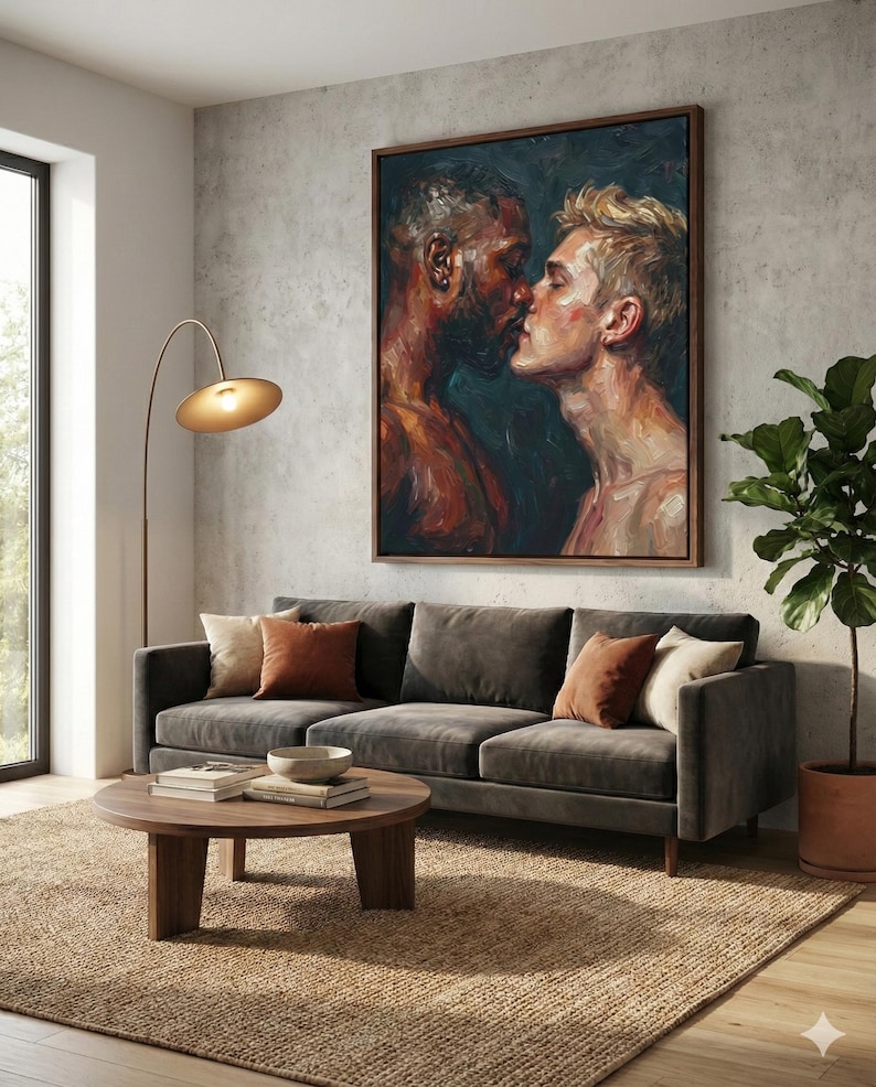May include: An interior scene featuring a large framed painting of two men kissing, above a gray velvet sofa with decorative pillows. A round wooden coffee table sits on a woven rug, with a floor lamp and potted plant completing the room's decor.