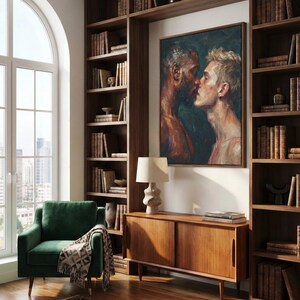 May include: A cozy library setting with a dark green armchair, a wooden cabinet, and built-in bookshelves filled with books. A framed painting depicts two men kissing. A patterned throw blanket rests on the chair, and a lamp sits on the cabinet.