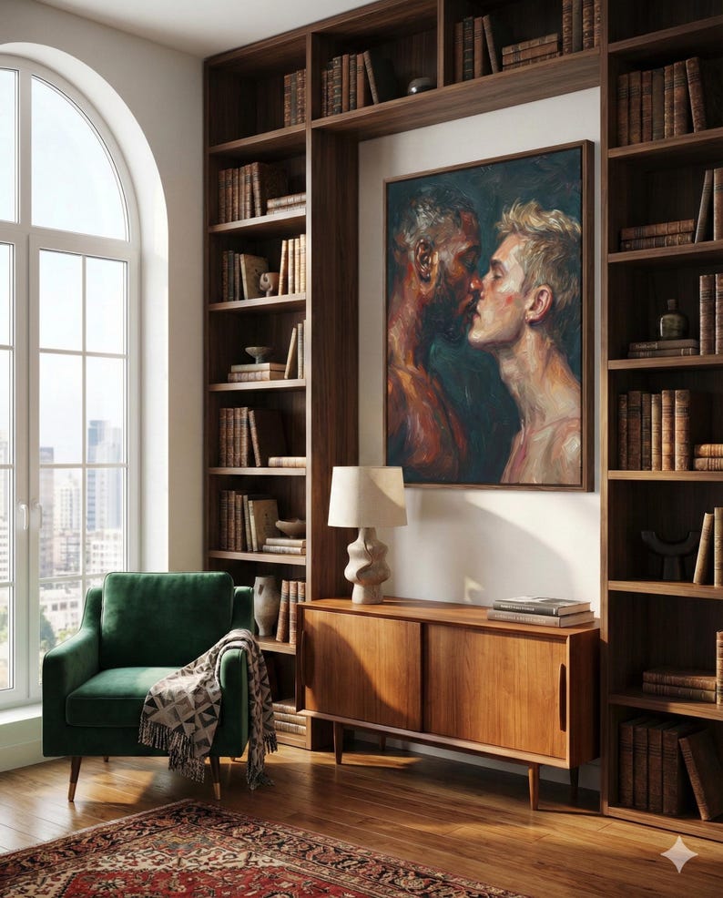 May include: A cozy library setting with a dark green armchair, a wooden cabinet, and built-in bookshelves filled with books. A framed painting depicts two men kissing. A patterned throw blanket rests on the chair, and a lamp sits on the cabinet.