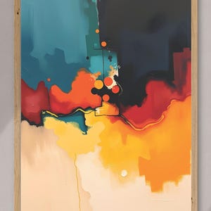 Op de afbeelding: Abstract schilderij met een mix van turquoise, oranje, geel en rode kleuren. Het schilderij is ingelijst in een licht houten lijst.