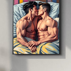 Poster di coppia gay che si bacia – Arte murale LGBTQ+ in stile fumetto audace