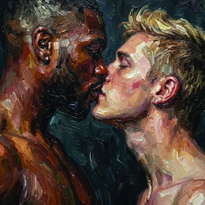 May include: An oil painting depicts two men in an intimate embrace, their faces close together. The artwork uses thick brushstrokes and a palette of warm and cool tones to create a sense of depth and emotion. The painting is a portrait of love.