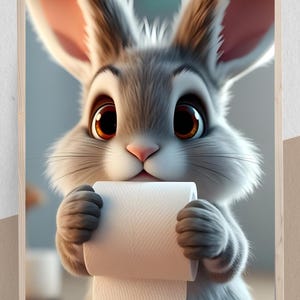 Funny Bunny Bathroom Poster – Cute Rabbit Holding Toilet Paper Wall Art for Animal Lovers