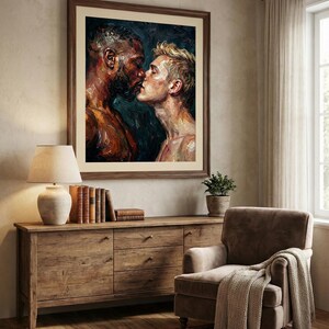 May include: A framed painting depicts two men in an intimate embrace, their faces close together. The artwork uses a palette of dark blues, browns, and creams, creating a warm and emotional atmosphere. The painting is displayed above a wooden cabinet.