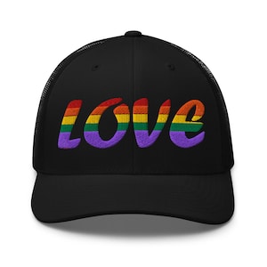 Rainbow Love Trucker Cap – LGBTQ+ Pride Mesh Hat with Colorful Love logo
