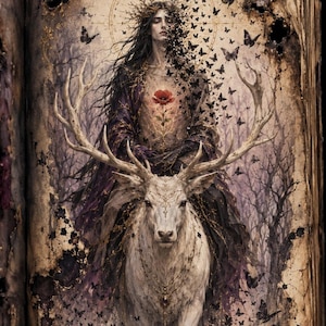 Könnte beinhalten: Eine Tarotkarten-Illustration mit dem Titel DEATH und der römischen Ziffer XIII, die eine Gestalt mit langem dunklem Haar auf einem weißen Hirsch in einem Feld aus roten Mohnblumen zeigt. Die Gestalt trägt ein dunkles Gewand und schwarze Schmetterlinge.