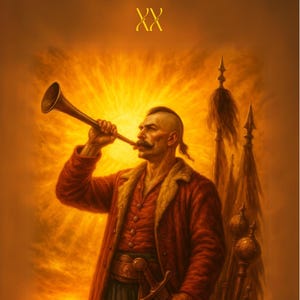 Puede incluir: Ilustración digital de un hombre con abrigo rojo tocando una trompeta, con una espada. La imagen tiene una paleta de colores cálidos y dorados, con el texto "The Trumpet Call" en la parte inferior.