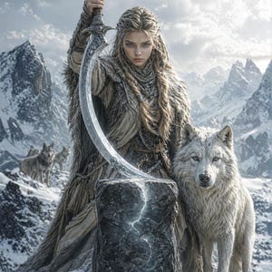 Puede incluir: Ilustración de una mujer sosteniendo una espada curva, con el texto "Ace of Swords" en la parte superior. Está de pie en un paisaje nevado con un lobo blanco. La mujer lleva una capa forrada de piel.