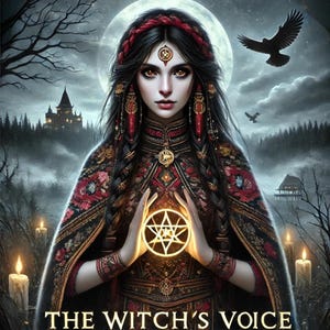 Puede incluir: Una mujer con un vestido rojo oscuro y negro sostiene un pentagrama brillante en sus manos. El fondo es un bosque oscuro con luna llena y un castillo en la distancia. El texto "The Witch's Voice - Shadow and Root Tarot" está en la parte inferior de la imagen.