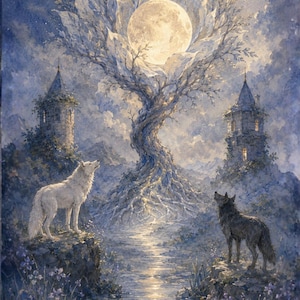 Op de afbeelding: Een tarotkaartillustratie getiteld XVIII THE MOON met een volle maan achter een grote boom, een witte wolf en een zwarte wolf op rotsachtige kliffen aan weerszijden van een beek, en een kreeftachtige die uit het water op de voorgrond komt.