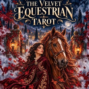 Puede incluir: Una cubierta de baraja de tarot titulada THE VELVET EQUESTRIAN TAROT que muestra a una persona con una capa de terciopelo rojo oscuro junto a un caballo marrón. La escena incluye hojas de otoño rojas, niebla, linternas y un portal de piedra.