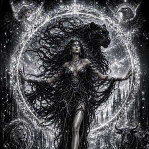 Puede incluir: Una carta de tarot en blanco y negro titulada The World con el número romano XXI. Muestra una figura central con un vestido oscuro fluido dentro de un marco circular brillante, flanqueada por un león, un toro, un águila, un ángel y una pantera.