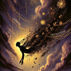 Op de afbeelding: Een verticale digitale illustratie met het donkere silhouet van een menselijke figuur die oplost in zwarte deeltjes tegen een kosmische lucht. De tekst REBIRTH, DESTRUCTION en DEATH is zichtbaar, samen met het Romeinse cijfer XIII en gouden florale elementen.