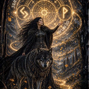 Puede incluir: Imagen de arte digital de una mujer con una capa negra y un lobo. La mujer está en un bosque con un diseño circular brillante detrás de ella. Las palabras "WHEEL OF FORTUNE" están en la parte inferior.