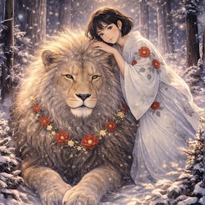 Puede incluir: Arte digital de una mujer con kimono blanco floral, apoyada en un león en un bosque nevado. El león lleva una guirnalda floral. Texto: "VIII Strength" y "Gentle power. Unbreakable heart."