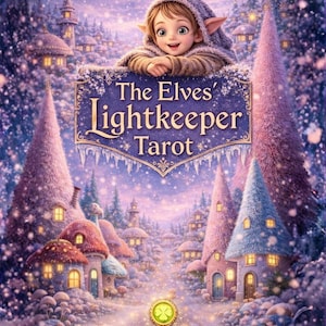 Puede incluir: Ilustración digital de "The Elves' Lightkeeper Tarot" con un elfo sonriente con una capa con capucha. La imagen muestra un pueblo invernal caprichoso con edificios cubiertos de nieve y un cielo estrellado. El logotipo de Clover Enchanted Studio está en la parte inferior.