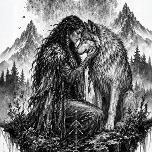 Pode incluir: Uma ilustração de carta de tarô em preto e branco intitulada STRENGTH com o numeral romano VIII. Retrata uma pessoa de cabelos longos em roupas ornamentadas ajoelhada e tocando um grande lobo. O fundo apresenta montanhas e símbolos.
