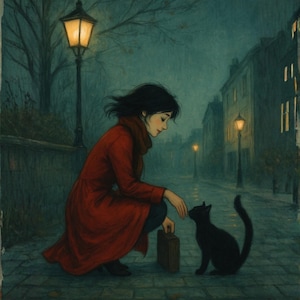 Puede incluir: Ilustración de carta de tarot con una mujer con abrigo rojo arrodillada en una calle adoquinada, interactuando con un gato negro. La carta está etiquetada como "VIII Strength" e incluye el texto "Gentleness tames the night."