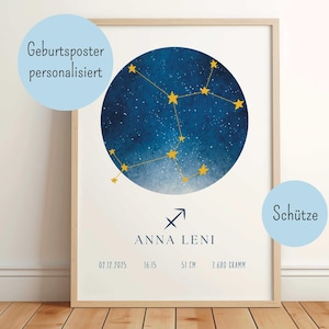 Geburtskarte, Geburtsposter, Sternzeichen Geburtsposter, Sternzeichen Schütze, personalisiertes Geburtsposter, Sternenhimmel Geburtsposter